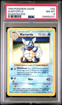1999 Pokemon Game 42 WARTORTLE Shadowless, PSA 8, NM-MINT - Image 1