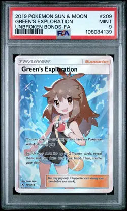 2019 POKEMON SUN & MOON UNBROKEN BONDS #209 FULL ART/GREEN'S EXPLORATION PSA 9 - Image 1