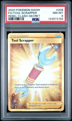 2020 POKEMON SWORD & SHIELD REBEL CLASH SECRET #208 FULL ART/TOOL SCRAPPER PSA 8 - Image 1