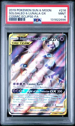 2019 Pokemon Sun & Moon Cosmic Eclipse #216 Full Art Solgaleo & Lunala GX PSA 9 - Image 1
