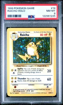 1999 POKEMON BASE SET UNLIMITED #14 RAICHU-HOLO PSA 8 - Image 1