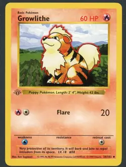 NM Growlithe (1st Ed.) Gray Stamp Error Base Set 28/102 Pokemon Card B13 - Image 1