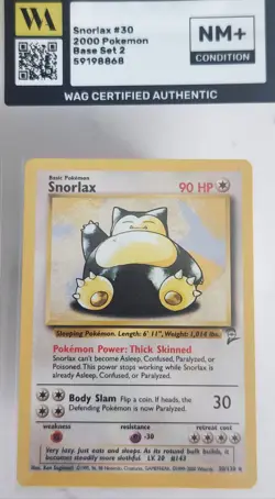 WAG Certified NM+ Pokemon TCG Snorlax Card 30/130 Base Set 2 Vintage Non-Holo - Image 1