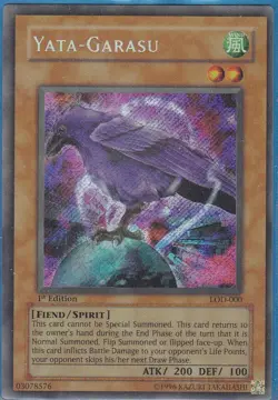 Yu-Gi-Oh! Yata-Garasu LOD-000 1st Ed Secret Rare NEAR MINT Full Holo Bleed Error - Image 1