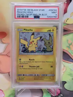 2019 Pokemon Team Up Pikachu Holo Promo #SM162 Black Star Promo Card PSA 9 Mint - Image 1
