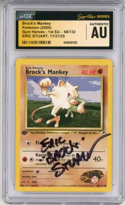 CGC Signed Eric Stuart Pokemon TCG Brock's Mankey 068/132 Gym Heroes 1st Edition - Image 1