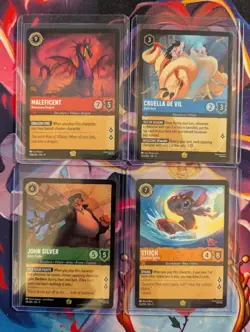 Disney Lorcana Legendary Bundle 4 Cards Stitch, Maleficent, John Silver, Cruella - Image 1