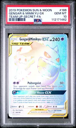 2019 POKEMON SUN & MOON TEAM UP SECRET #186 FULL ART/GENGAR & MIMIKYU GX PSA 10 - Image 1