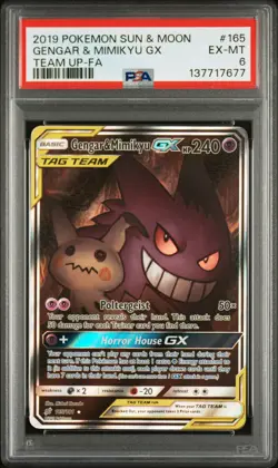 2019 POKEMON SUN & MOON TEAM UP #165 FULL ART/GENGAR & MIMIKYU GX PSA 6 - Image 1