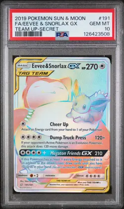2019 POKEMON SUN & MOON TEAM UP SECRET #191 FULL ART/EEVEE & SNORLAX GX PSA 10 - Image 1