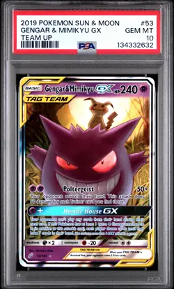 2019 POKEMON SUN & MOON TEAM UP #53 GENGAR & MIMIKYU GX PSA 10 - Image 1