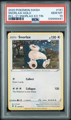 2020 POKEMON SWORD & SHIELD REBEL CLASH #141 SNORLAX-HOLO PSA 10 - Image 1