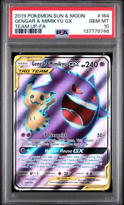 2019 POKEMON SUN & MOON TEAM UP #164 FULL ART/GENGAR & MIMIKYU GX PSA 10 - Image 1