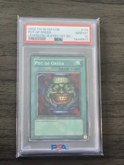 2002 YU-GI-OH! LOB-LEGEND OF BLUE EYES WHITE DRAGON 1ST ED POT OF GREED PSA 10 - Image 1