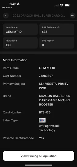 Dragon Ball Super Card Game SS4 Vegeta Peak of Primitive Power BT8-136 PSA 10 - Image 3