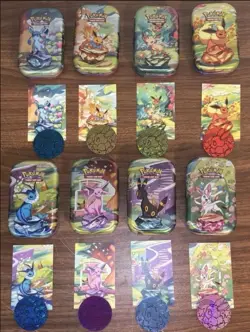 Full Set 8 EMPTY Pokemon PRISMATIC EVOLUTIONS Mini Tins & Eevee Coins (NO PACKS) - Image 1
