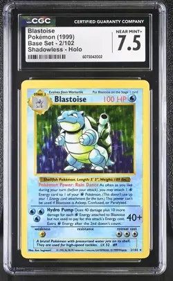 CGC 7.5 Blastoise 1999 Base Set 2/102 Shadowless Holo Pokemon Card - Image 1