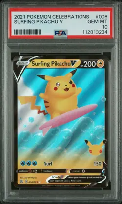 PSA 10 Surfing Pikachu V 008/025 Pokemon Celebrations Holo Graded Card 2021 - Image 1