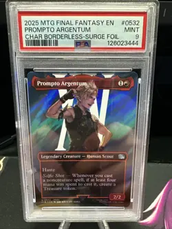 2025 MTG FINAL FANTASY CHARACTER BORDERLESS-SURGE FOIL PROMPTO ARGENTUM PSA 9 - Image 1