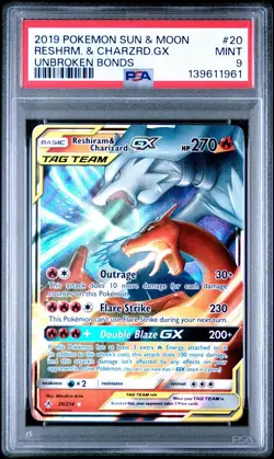 2019 POKEMON SUN & MOON UNBROKEN BONDS #20 RESHIRAM & CHARIZARD GX PSA 9 - Image 1