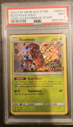 Pokemon PSA 9 Mint Buzzwole Prerelease Staff - SM218 Cosmic Eclipse 2019 - Image 1