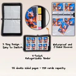 TRADING CARD BINDER 4 POCKET, NAME TAG & TAB STICKERS FOR SORTING, 440 POCKETS - Image 2