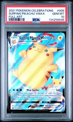 2021 POKEMON CELEBRATIONS #009 FULL ART/SURFING PIKACHU VMAX PSA 10 - Image 1