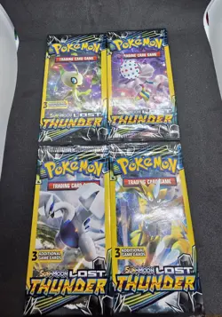 Pokemon Sun & Moon Lost Thunder Booster Packs x4 - 3 Cards Celebi Lugia Zeraora - Image 1