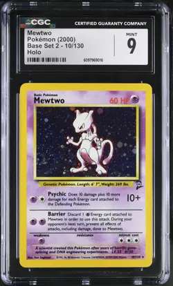 CGC 9 MINT Mewtwo 2000 Base Set 2 10/130 Holo SWIRL Pokemon Card - Image 1