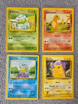 Base Set Starters X4 Bulbasaur Charmander Squirtle Pikachu 1999 Pokemon Cards MP - Image 1