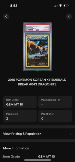 Pop 2 PSA 10 Dragonite 043/078 XY6 Emerald Break Korean Pokemon - Image 3