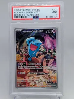 2025 POKEMON DESTINED RIVALS POKEMON CENTER ETB TEAM ROCKET'S WOBBUFFET PSA 9 - Image 1