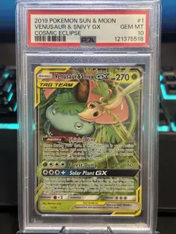 2019 POKEMON COSMIC ECLIPSE VENUSAUR & SNIVY GX #1 PSA 10 RARE TAG TEAM - Image 1