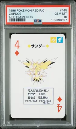 Zapdos Pokemon Playing Card Poker Red 4 Diamonds 1996 Nintendo Japanese PSA 10 - Image 1