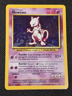 Pokemon TCG Base Set MEWTWO 10/102 Unlimited Holo Rare Card Vintage WOTC 1999 - Image 1