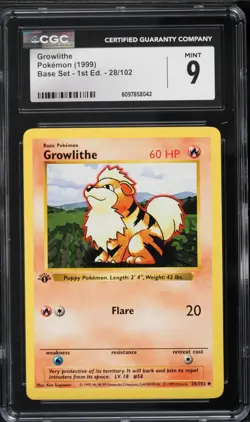CGC 9 Growlithe 1st Edition Shadowless Base Set 1999 Pokemon Card #28 - Image 1