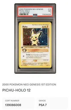 Pokemon Neo Genesis 1st Edition Pichu Holo Rare Card 12/111 PSA 7 NM new Cert - Image 1