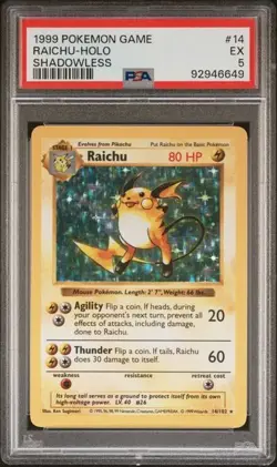 Pokemon PSA 5 Raichu 14/102 Shadowless Base Set Holo Rare Excellent - Image 1