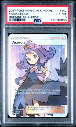 2017 POKEMON SUN & MOON ACEROLA BURNING SHADOWS FULL ART HOLO 142/147 PSA 6 - Image 1