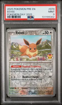 2025 POKEMON PRE EN-PRISMATIC EVOLUTIONS POKEMON DAY 2025 #074 EEVEE PSA 9 - Image 1