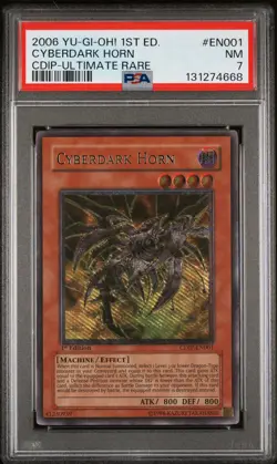 2006 YU-GI-OH! CYBERDARK IMPACT 1ST EDITION-ULTIMATE RARE CYBERDARK HORN PSA 7 - Image 1