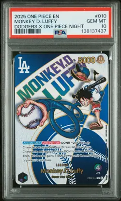 2025 ONE PIECE PROMOS DODGERS X ONE PIECE NIGHT #010 MONKEY D. LUFFY PSA 10 - Image 1
