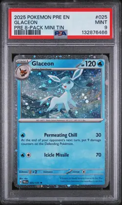 2025 POKEMON PRISMATIC EVOLUTIONS 8-PACK MINI TIN #025 GLACEON PSA 9 - Image 1