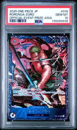 2025 ONE PIECE JPN PROMOS OFFICIAL EVENT PRIZE-ASIA #015 RORONOA ZORO PSA 10 - Image 1