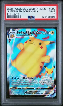 2021 POKEMON CELEBRATIONS #009 FULL ART/SURFING PIKACHU VMAX PSA 9 - Image 1