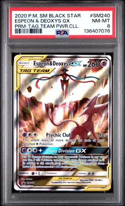 2020 POKEMON SM PROMO TAG TEAM POWERS COLLECTION ESPEON & DEOXYS GX PSA 8 - Image 1