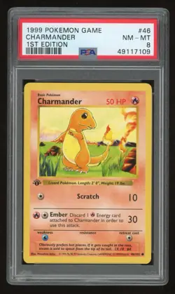 1999 Pokemon 1st Edition Shadowless Charmander #46 PSA 8 - Image 1