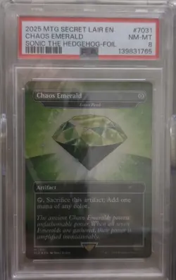2025 MTG SECRET LAIR DROP SONIC THE HEDGEHOG FOIL GREEN CHAOS EMERALD PSA 8 - Image 3