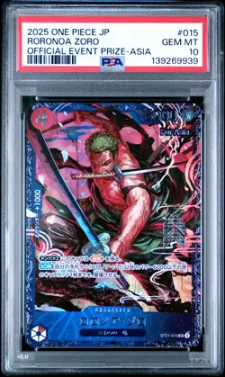 2025 ONE PIECE JPN PROMOS OFFICIAL EVENT PRIZE-ASIA #015 RORONOA ZORO PSA 10 - Image 1