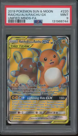 2019 Pokemon Sun & Moon Unified Minds #220 Raichu & Alolan Raichu GX Mint PSA 9 - Image 1